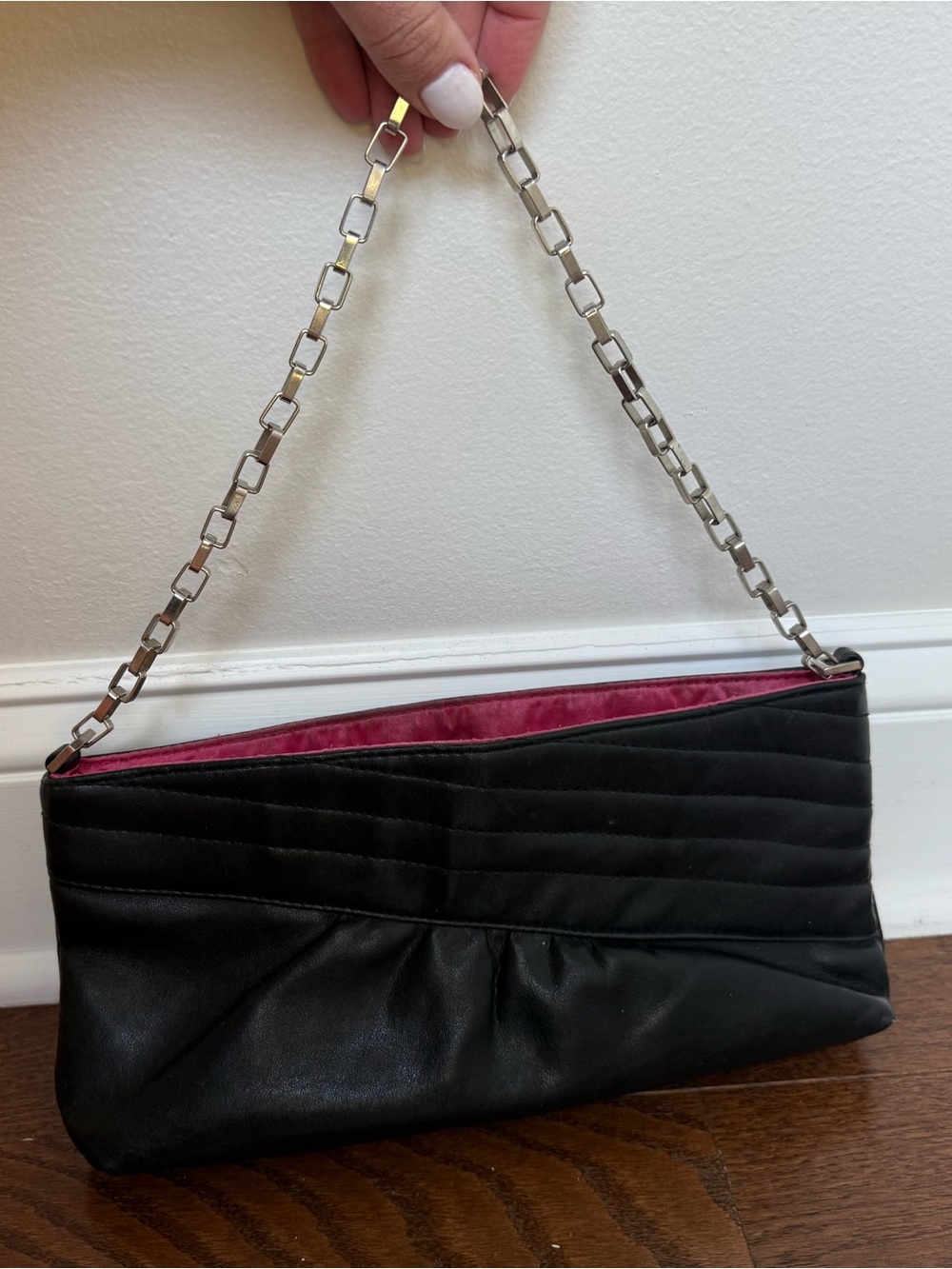 Victoria's Secret Black Faux Leather Clutch with Pink Interior and Silver Chain